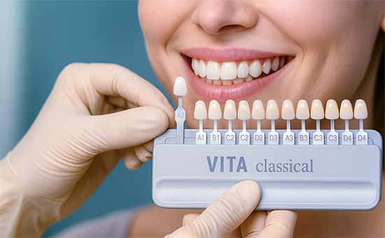 Zahnarzt wählt passende Farbnuance für Bleaching und Veneers bei Patientin – Ästhetische Zahnmedizin in der ACC Zahnklinik Basel
